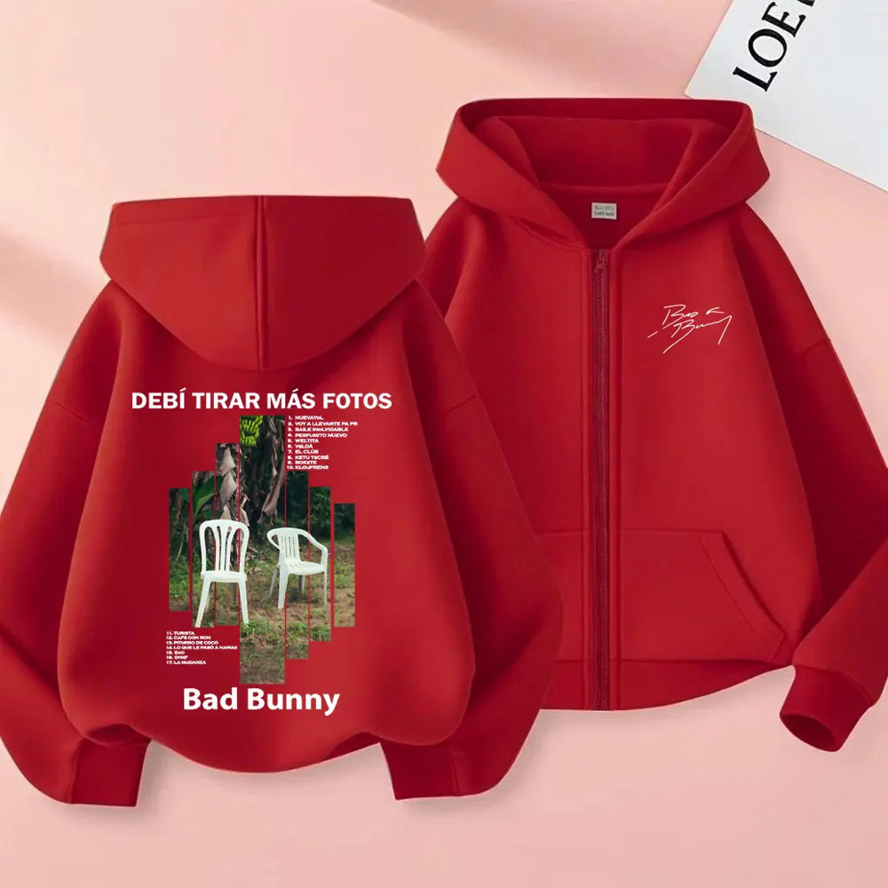Rapper Bad Bunny Debi Tirar Mas Fotos DTMF Album Grafik Reißverschluss Hoodie Männer Frauen Hip Hop Mode Übergroße Reißverschluss Jacke Mantel