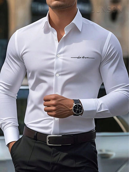 Business-Casual-Hemd für Herren mit Buchstabendruck, langärmliges Slim-Fit-Hemd mit Revers