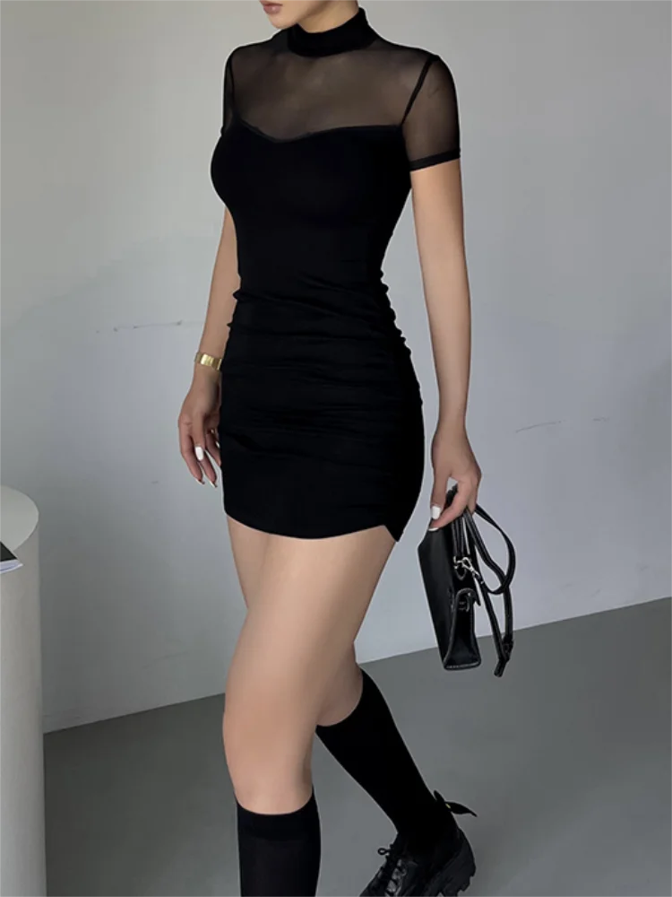 Summer Hot Girl Sexy Dresses Bodycon Club See Through Mesh Splicing Slim Short Sleeved Mini Dress for Women
