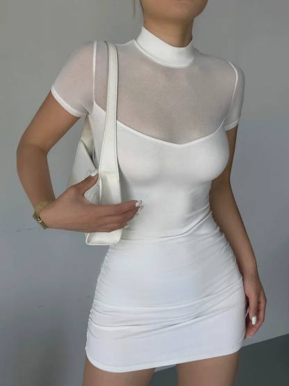 Summer Hot Girl Sexy Dresses Bodycon Club See Through Mesh Splicing Slim Short Sleeved Mini Dress for Women