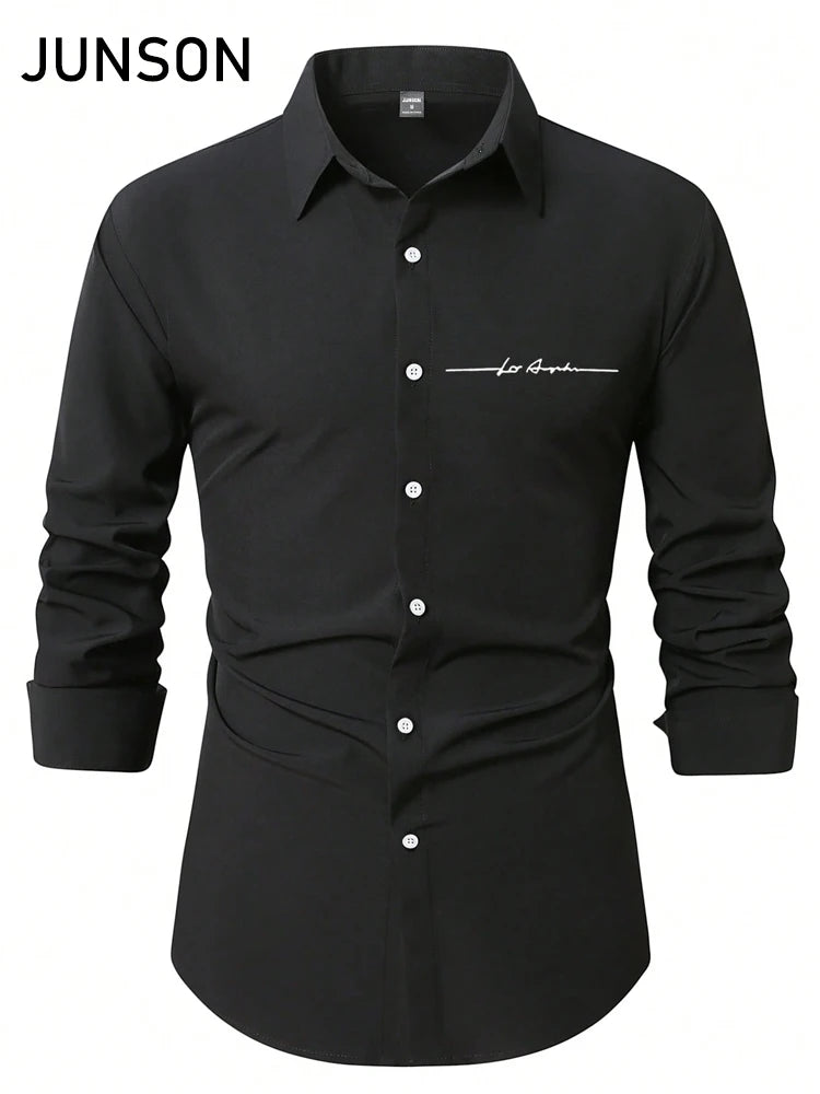 Business-Casual-Hemd für Herren mit Buchstabendruck, langärmliges Slim-Fit-Hemd mit Revers