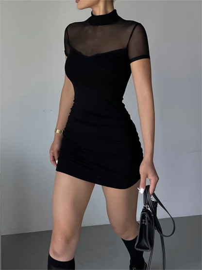 Summer Hot Girl Sexy Dresses Bodycon Club See Through Mesh Splicing Slim Short Sleeved Mini Dress for Women