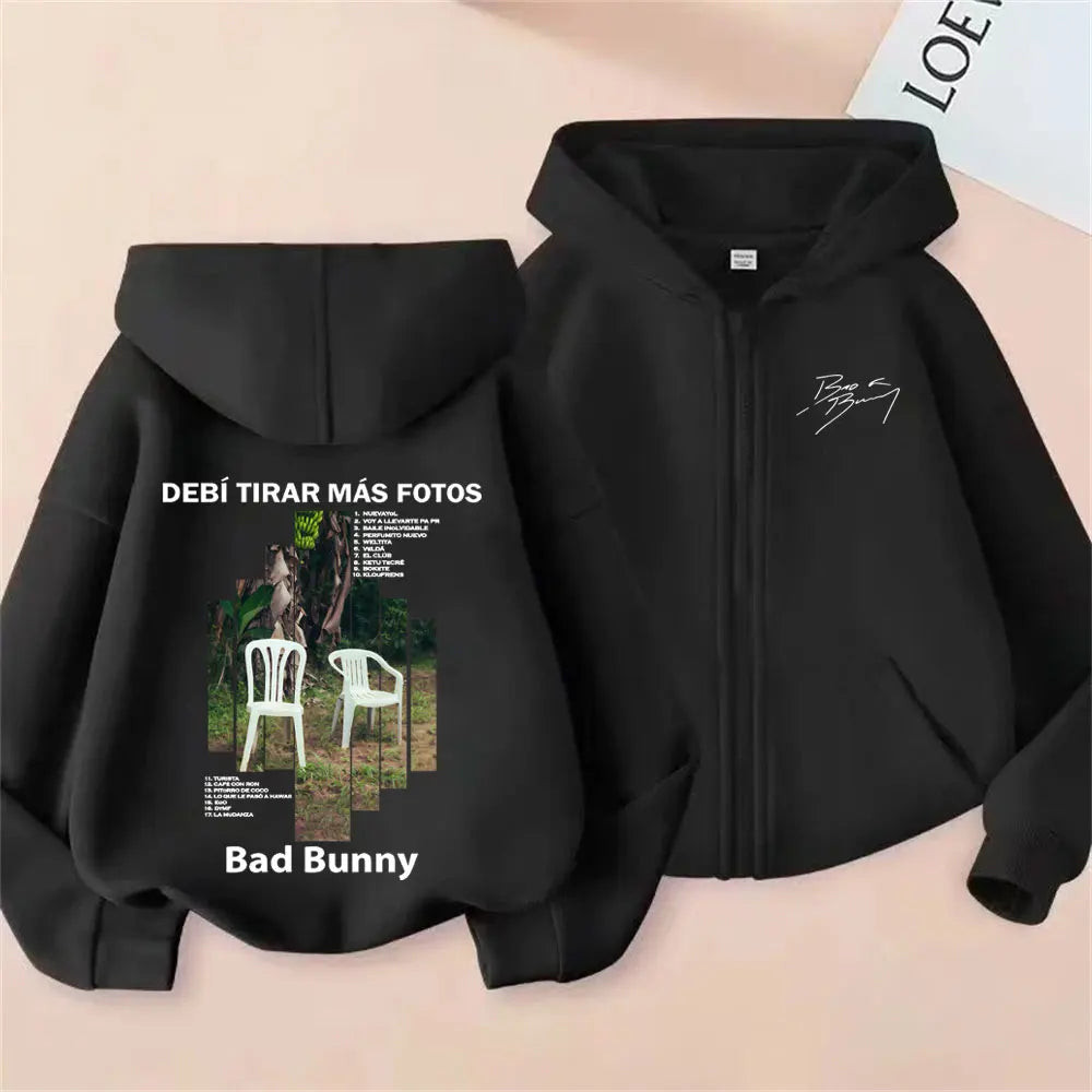 Rapper Bad Bunny Debi Tirar Mas Fotos DTMF Album Grafik Reißverschluss Hoodie Männer Frauen Hip Hop Mode Übergroße Reißverschluss Jacke Mantel