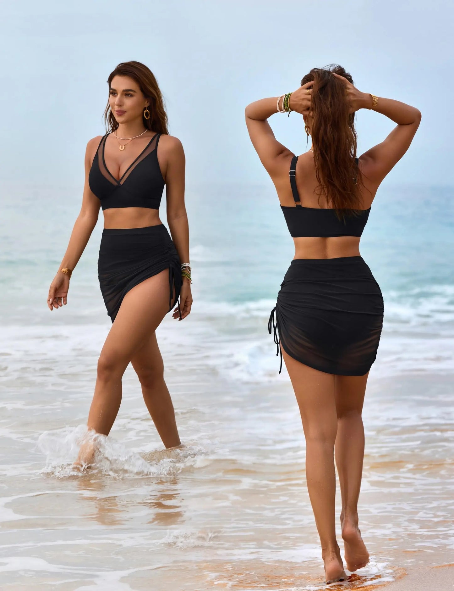 Womens Swim Skirt High Waisted Bikini Sets Tummy Control Swimsuits Mesh Sarong Wraps Bathing Suits