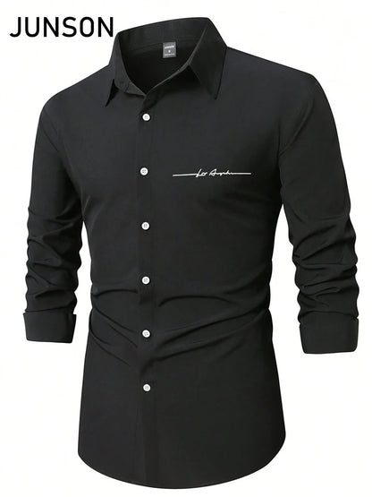 Business-Casual-Hemd für Herren mit Buchstabendruck, langärmliges Slim-Fit-Hemd mit Revers