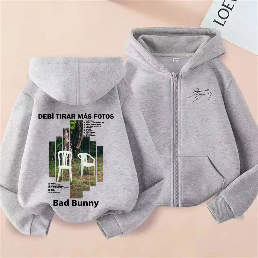 Rapper Bad Bunny Debi Tirar Mas Fotos DTMF Album Grafik Reißverschluss Hoodie Männer Frauen Hip Hop Mode Übergroße Reißverschluss Jacke Mantel