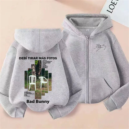 Rapper Bad Bunny Debi Tirar Mas Fotos DTMF Album Grafik Reißverschluss Hoodie Männer Frauen Hip Hop Mode Übergroße Reißverschluss Jacke Mantel