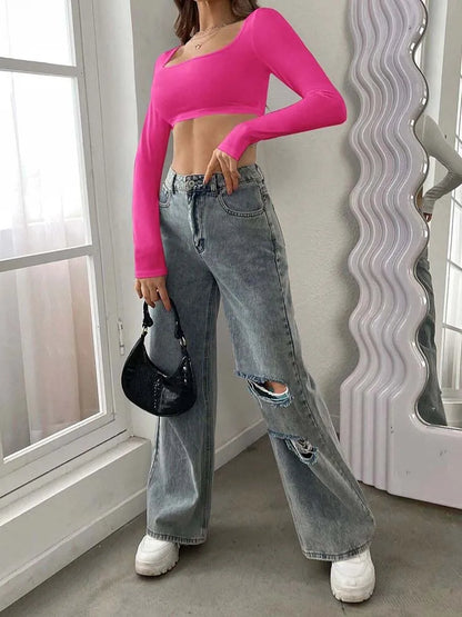 2025 Women's Sports Leisure Short Knitted High Elastic Long Sleeve T-shirt Top