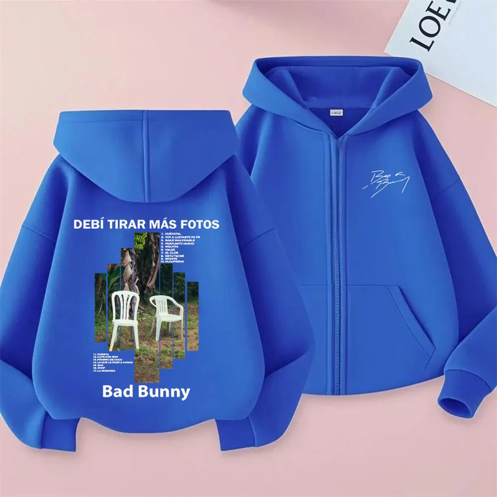 Rapper Bad Bunny Debi Tirar Mas Fotos DTMF Album Grafik Reißverschluss Hoodie Männer Frauen Hip Hop Mode Übergroße Reißverschluss Jacke Mantel