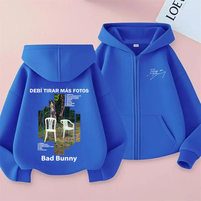 Rapper Bad Bunny Debi Tirar Mas Fotos DTMF Album Grafik Reißverschluss Hoodie Männer Frauen Hip Hop Mode Übergroße Reißverschluss Jacke Mantel