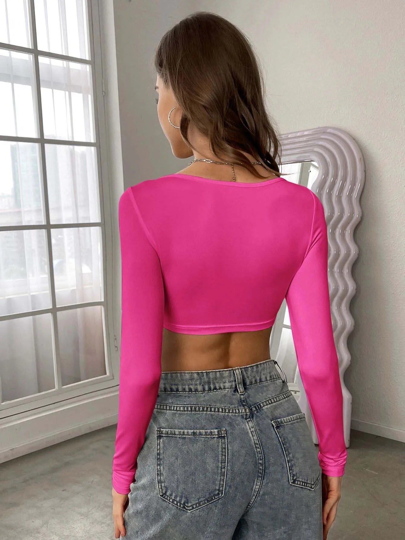 2025 Women's Sports Leisure Short Knitted High Elastic Long Sleeve T-shirt Top