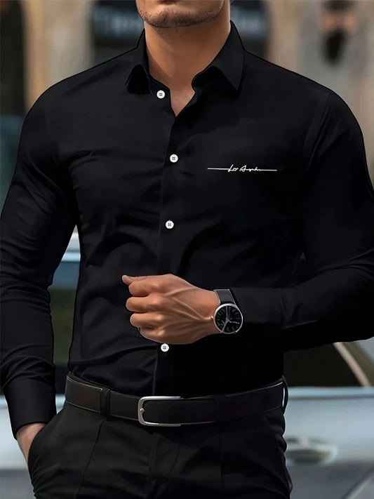 Business-Casual-Hemd für Herren mit Buchstabendruck, langärmliges Slim-Fit-Hemd mit Revers