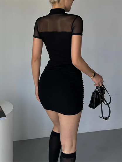 Summer Hot Girl Sexy Dresses Bodycon Club See Through Mesh Splicing Slim Short Sleeved Mini Dress for Women