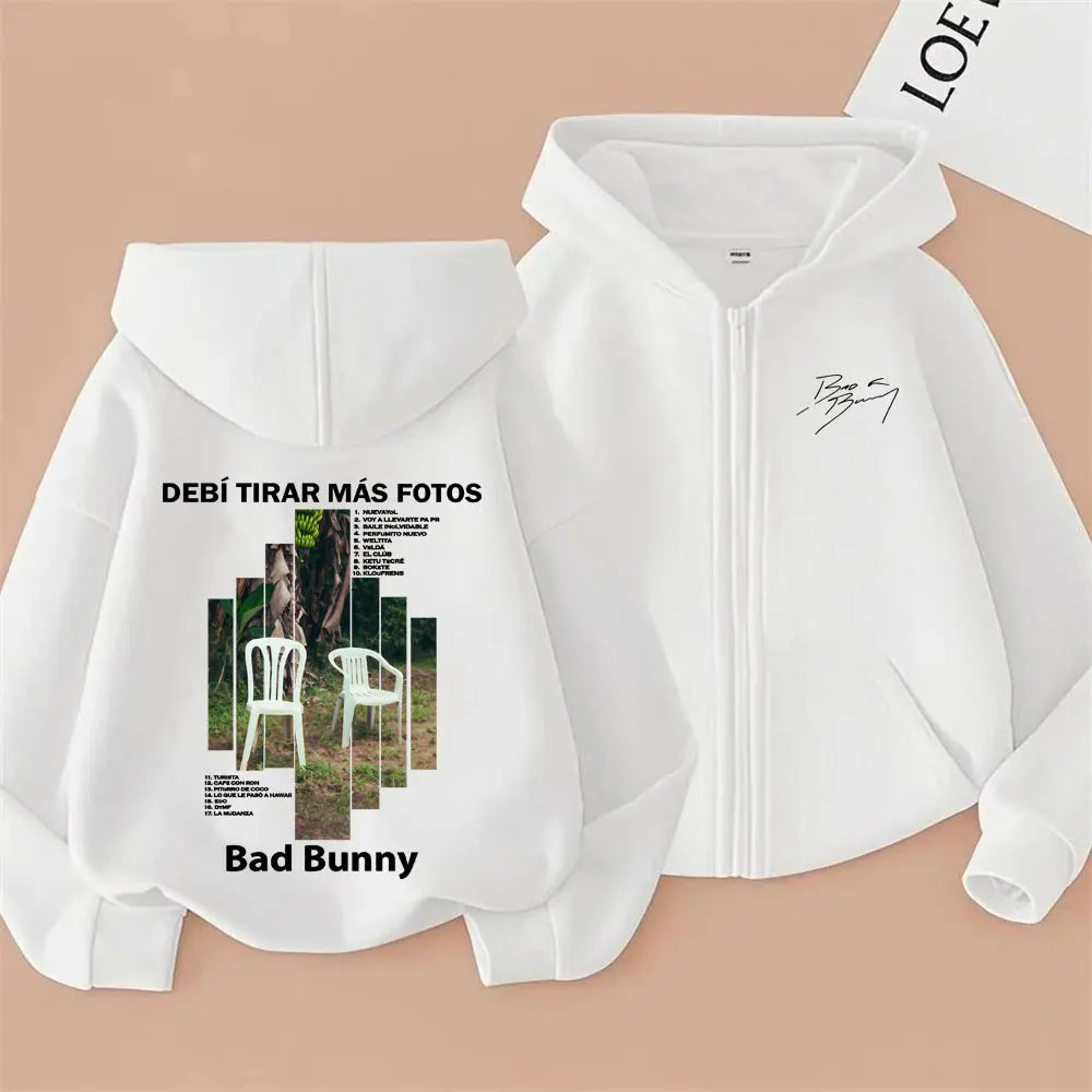 Rapper Bad Bunny Debi Tirar Mas Fotos DTMF Album Grafik Reißverschluss Hoodie Männer Frauen Hip Hop Mode Übergroße Reißverschluss Jacke Mantel