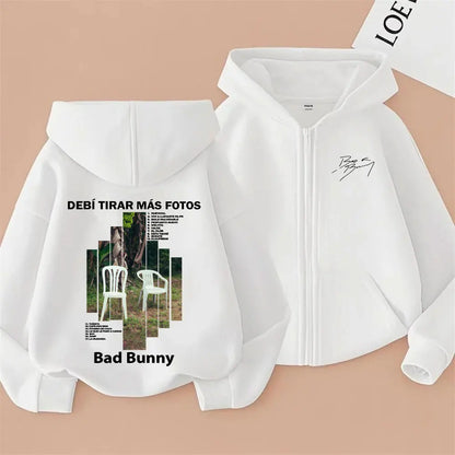 Rapper Bad Bunny Debi Tirar Mas Fotos DTMF Album Grafik Reißverschluss Hoodie Männer Frauen Hip Hop Mode Übergroße Reißverschluss Jacke Mantel