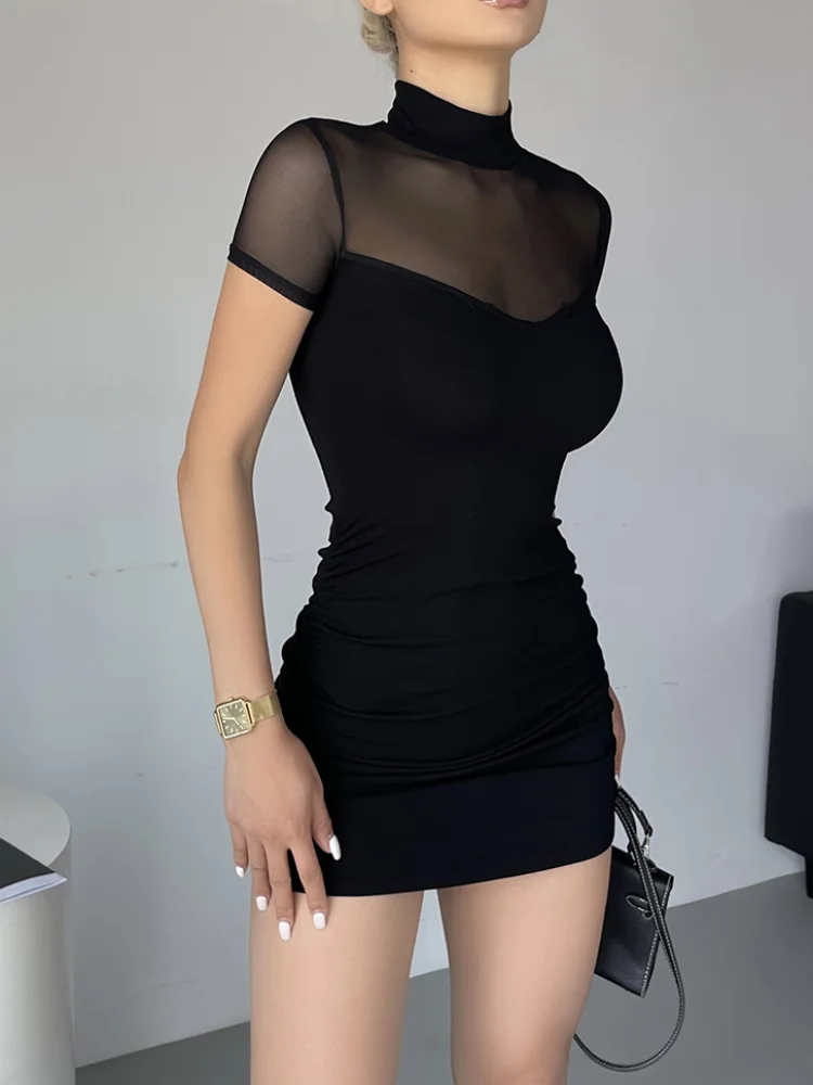 Summer Hot Girl Sexy Dresses Bodycon Club See Through Mesh Splicing Slim Short Sleeved Mini Dress for Women