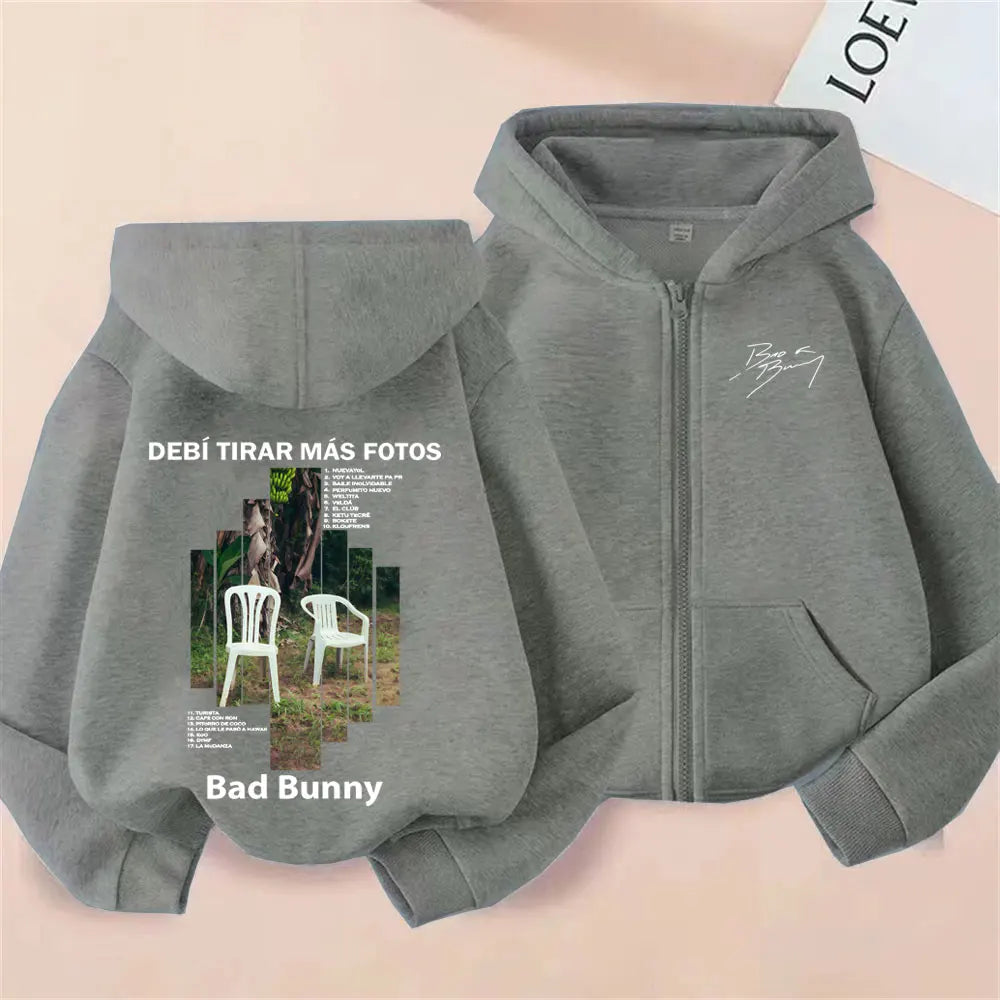 Rapper Bad Bunny Debi Tirar Mas Fotos DTMF Album Grafik Reißverschluss Hoodie Männer Frauen Hip Hop Mode Übergroße Reißverschluss Jacke Mantel